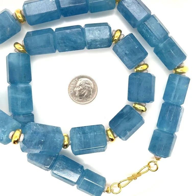 Hexagonal Aquamarine Beaded Necklace with 18k Gold Accents