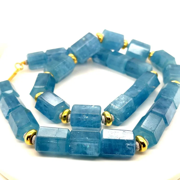 Hexagonal Aquamarine Beaded Necklace with 18k Gold Accents