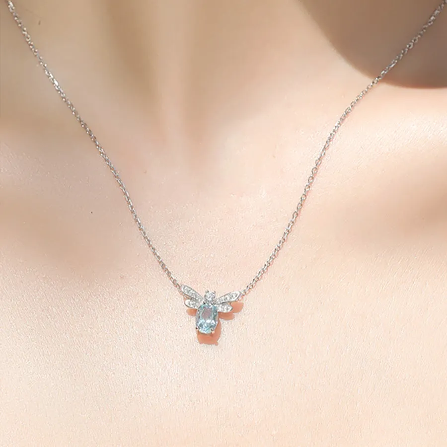 Honeybee Aquamarine Necklace White Gold Plated Silver Aquamarine Pendant Necklace
