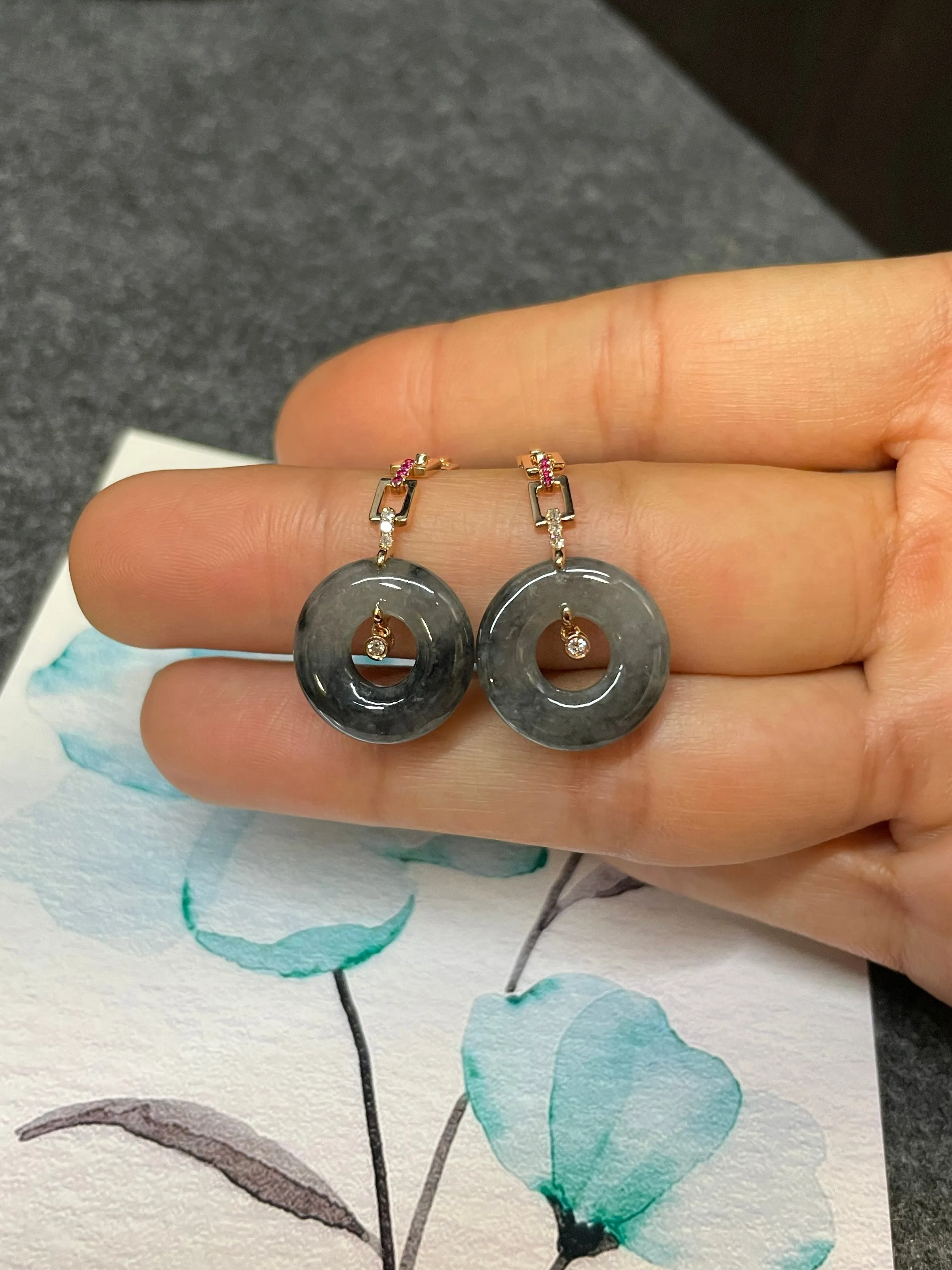Icy Black Jade Earrings - Hoop Shaped (NJE083)