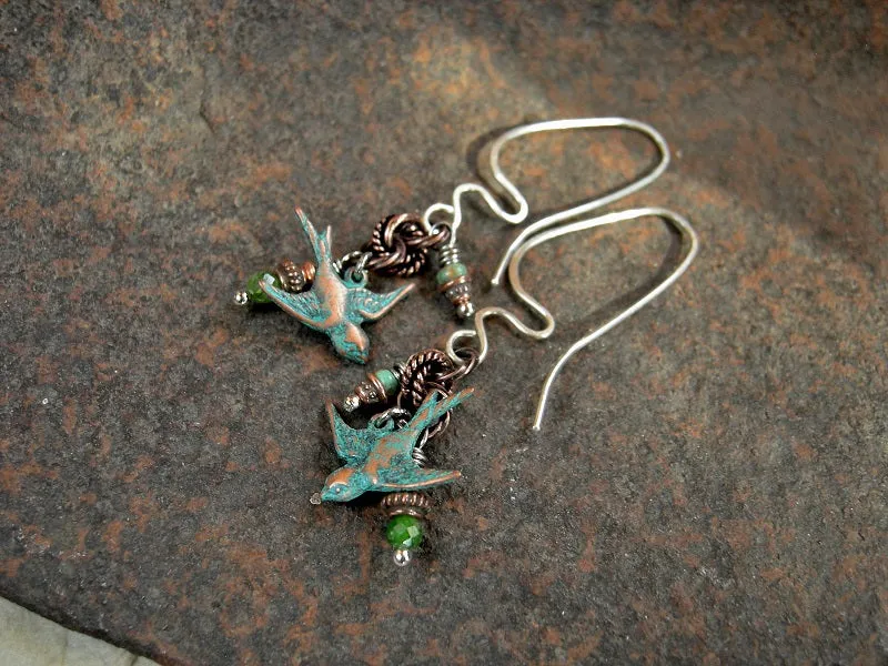 In The Grove Earrings, Copper Verdigris Birds, Green Gemstone