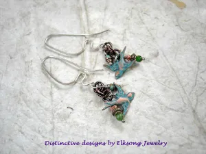 In The Grove Earrings, Copper Verdigris Birds, Green Gemstone