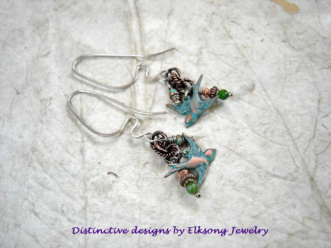 In The Grove Earrings, Copper Verdigris Birds, Green Gemstone