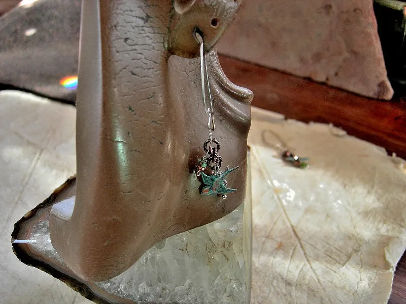In The Grove Earrings, Copper Verdigris Birds, Green Gemstone