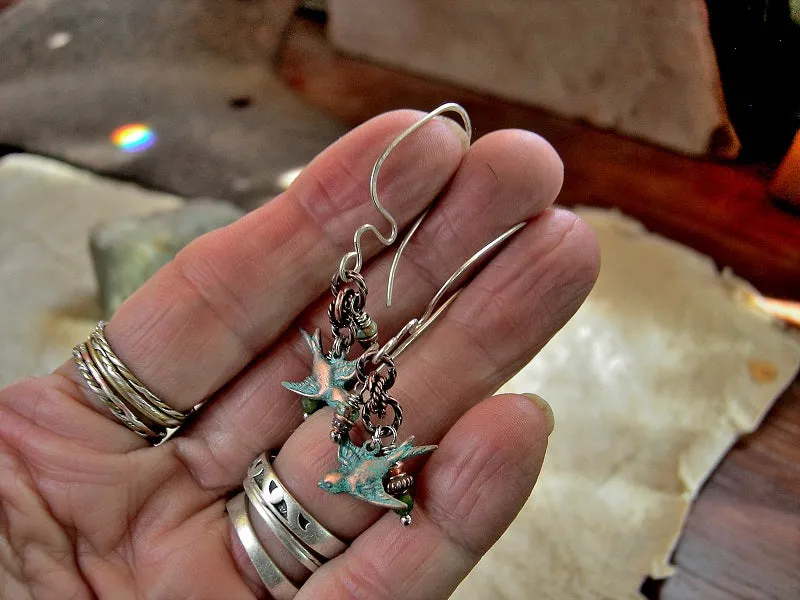 In The Grove Earrings, Copper Verdigris Birds, Green Gemstone