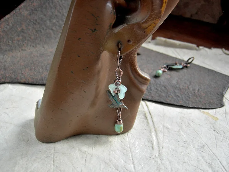 Jade Flower Earrings, Verdigris Hummingbirds, Glass Flowers & Drops
