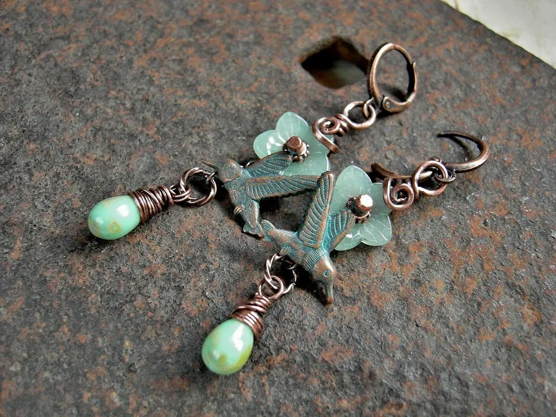 Jade Flower Earrings, Verdigris Hummingbirds, Glass Flowers & Drops