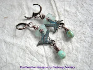 Jade Flower Earrings, Verdigris Hummingbirds, Glass Flowers & Drops