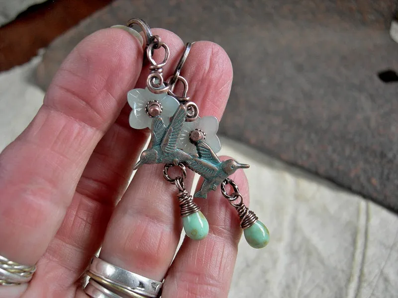 Jade Flower Earrings, Verdigris Hummingbirds, Glass Flowers & Drops