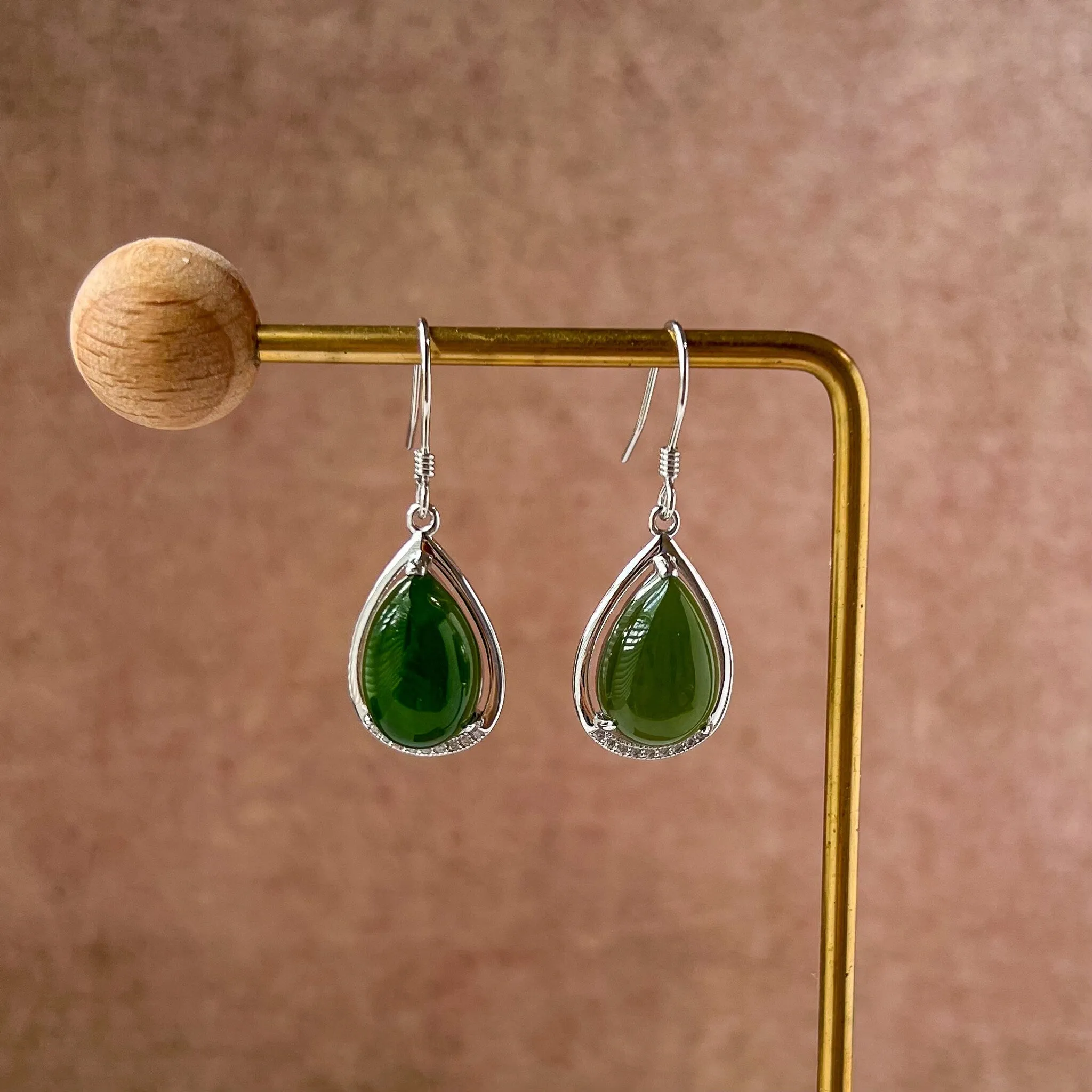 Jade Teardrop Earrings, Green Nephrite Jade Sterling Silver Earrings, JSY-0424-12093