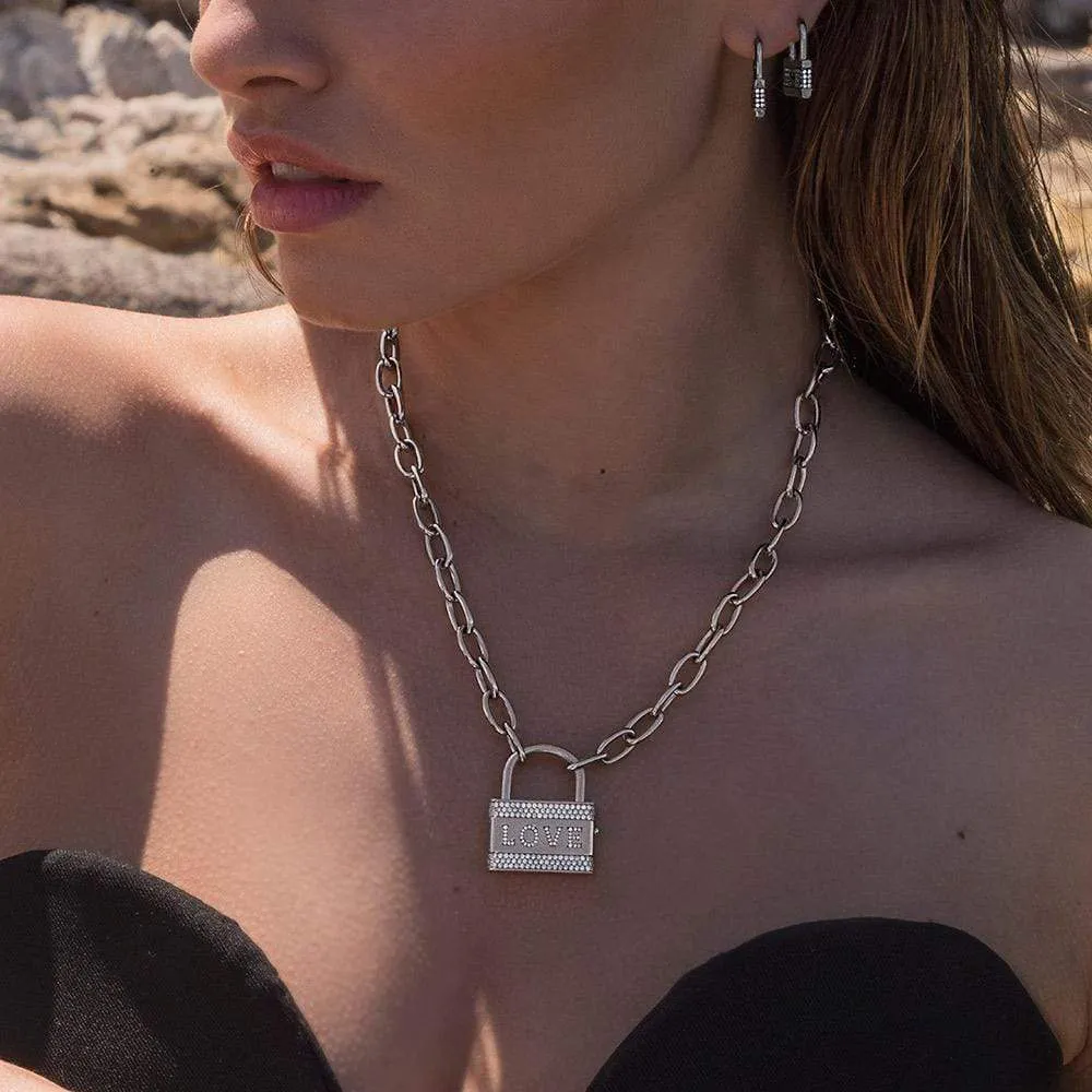 LOVE Embellished Lock Necklace - White Silver