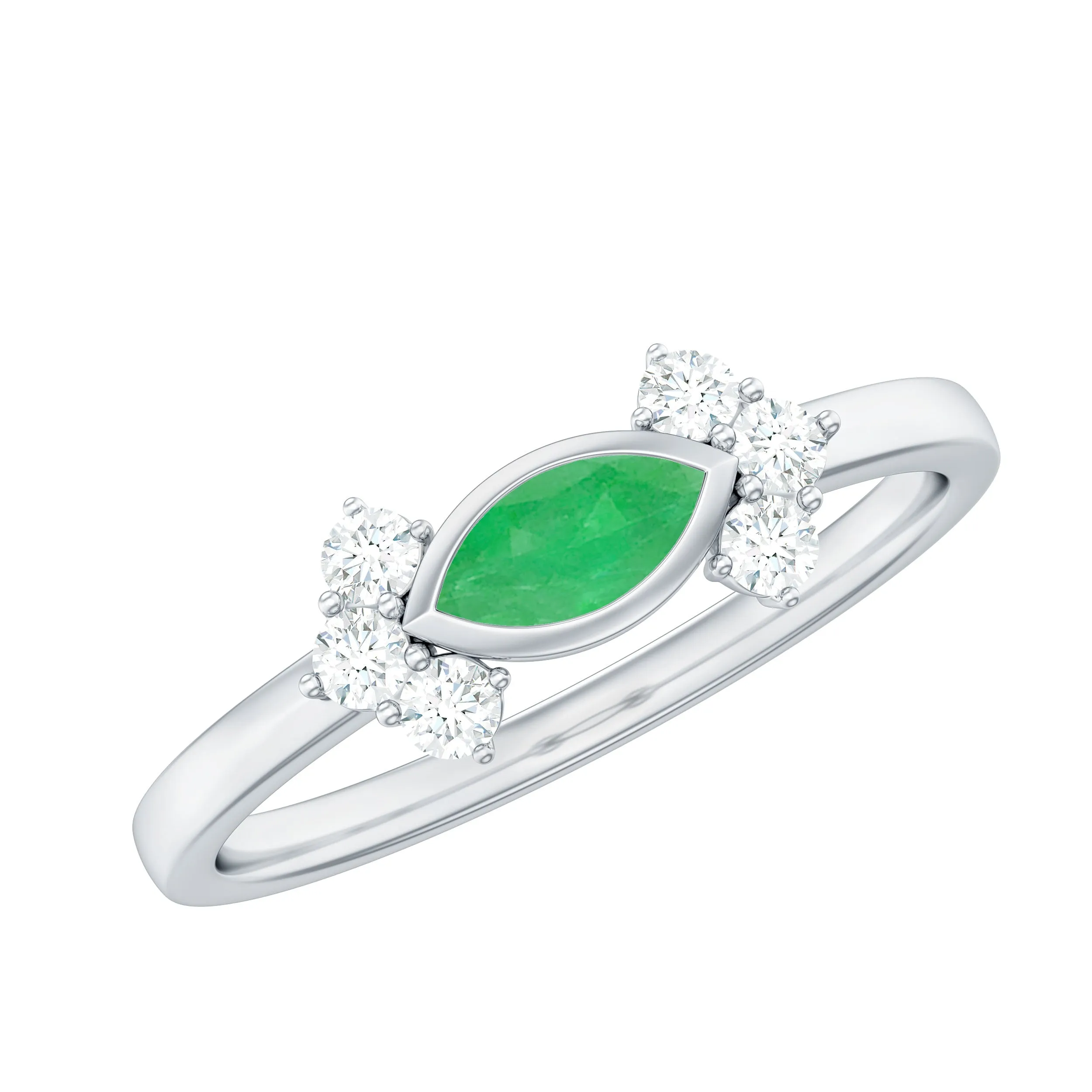Marquise Cut Emerald East West Promise Ring with Diamond Trio