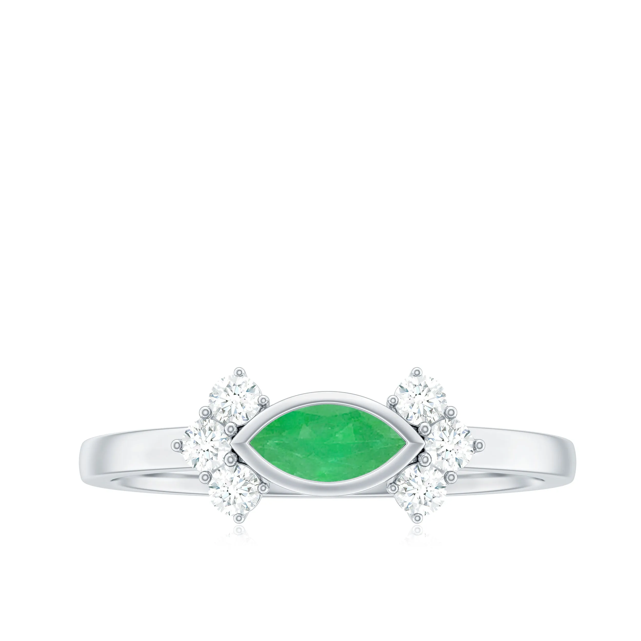 Marquise Cut Emerald East West Promise Ring with Diamond Trio