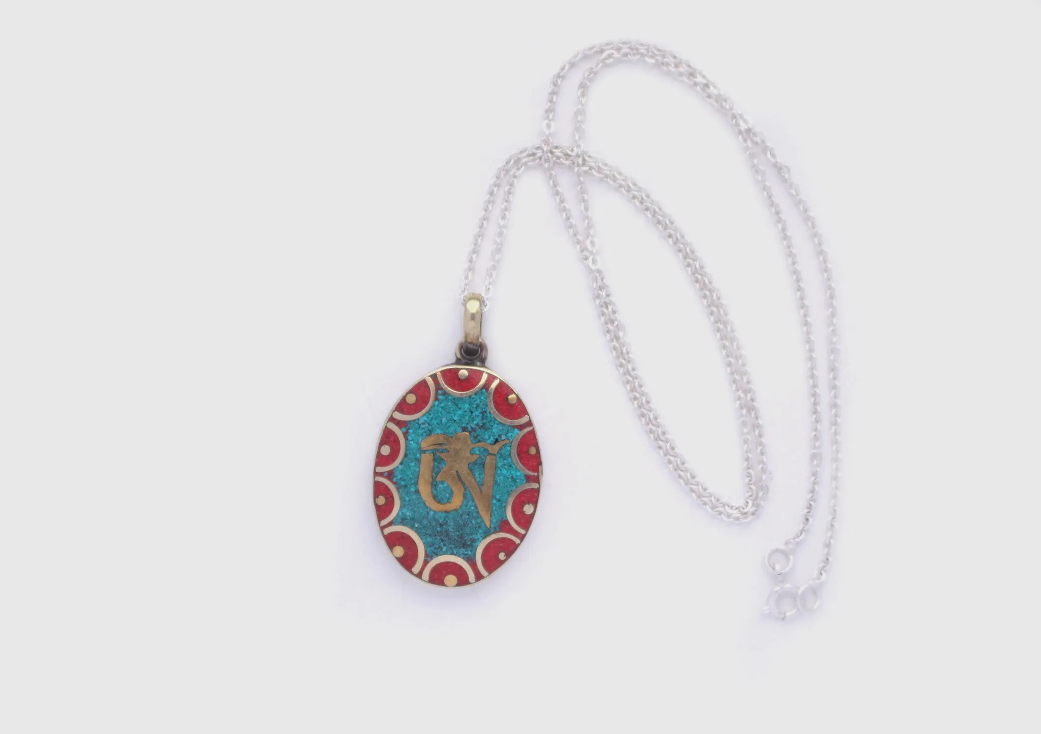 Oval Tibetan Kalachakra, Om and Buddha Eyes Pendant