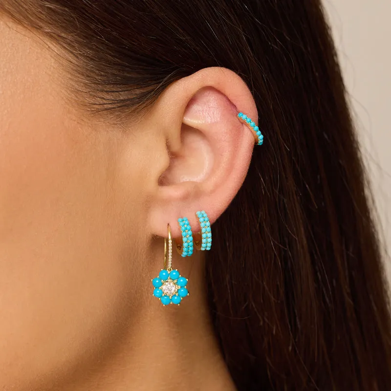 Petite Statement Turquoise Flower Drop Earrings with Illusion Set Diamond Center