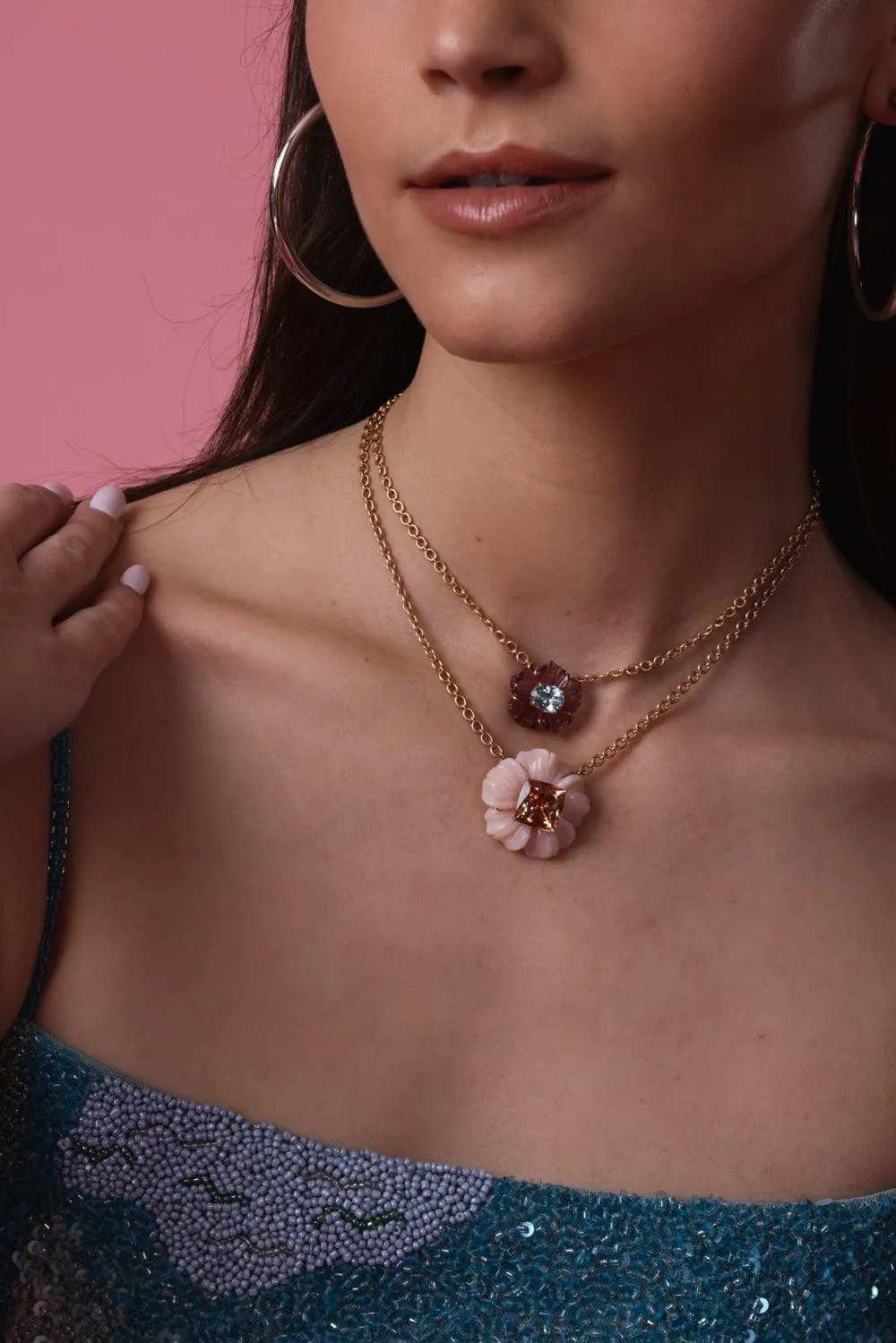 Pink Tourmaline Botanical Tropical Flower Necklace