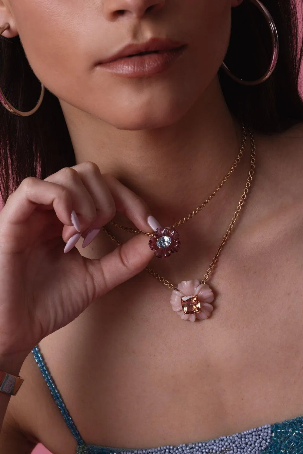 Pink Tourmaline Botanical Tropical Flower Necklace