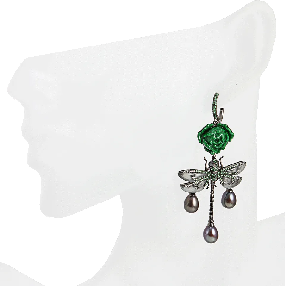 Rose and Dragonfly Drop Earrings