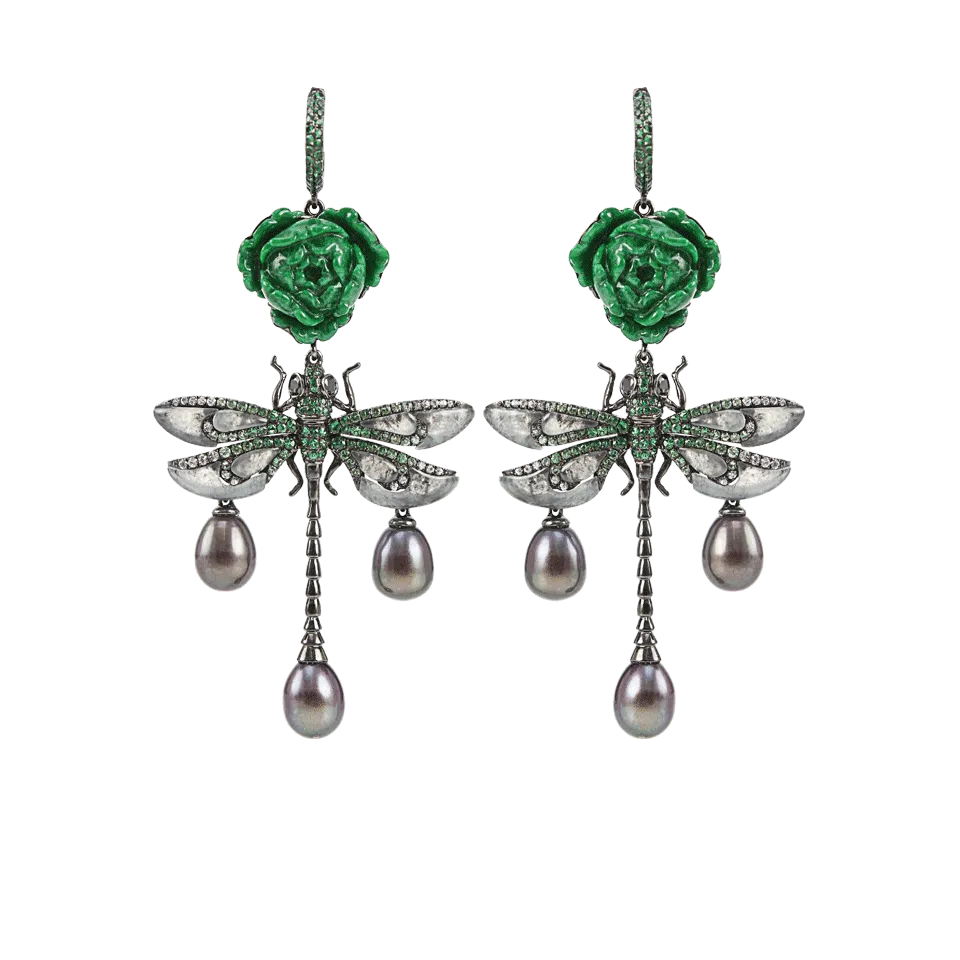 Rose and Dragonfly Drop Earrings