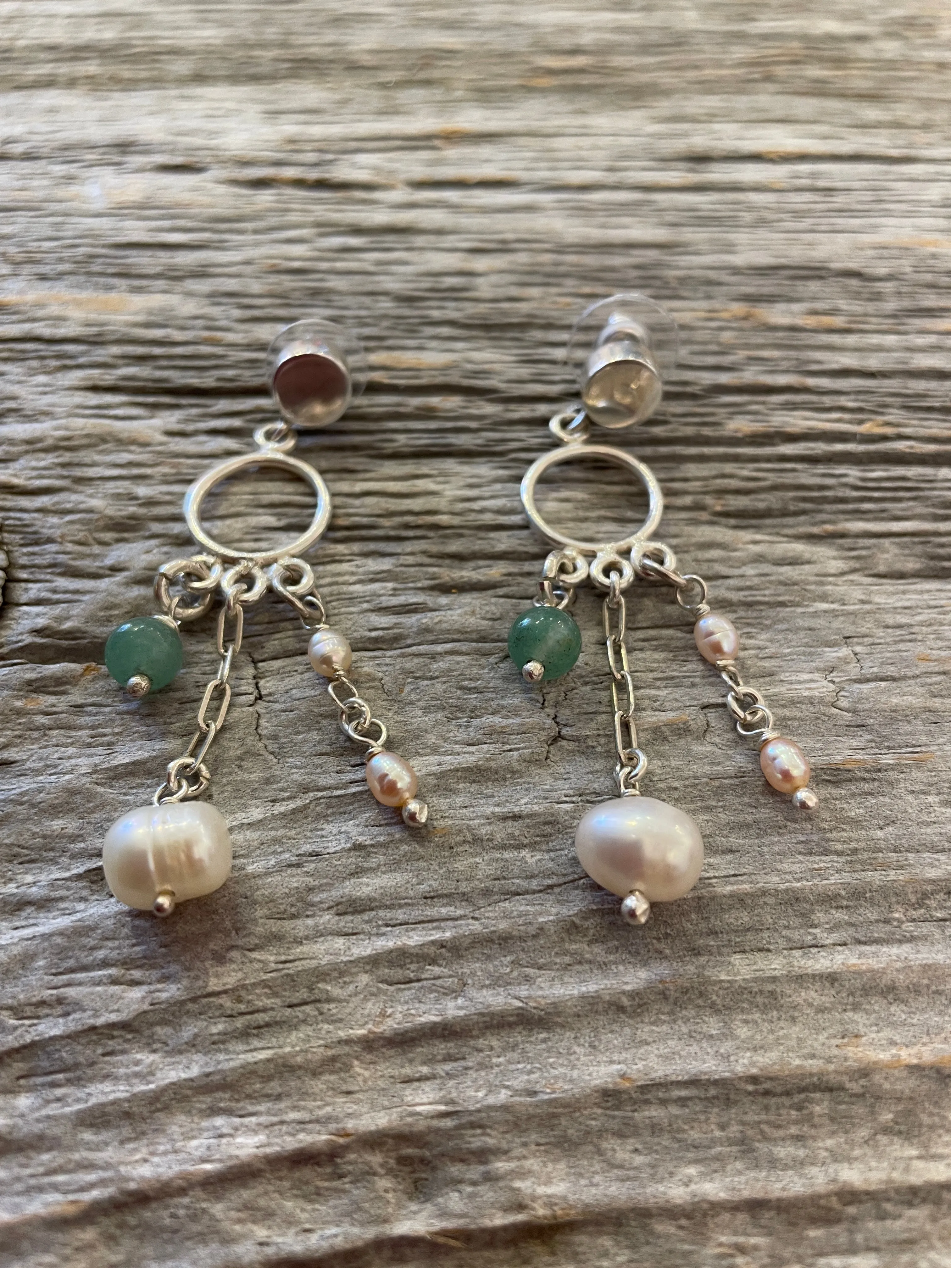 Sterling Silver 2" chandelier Earrings with freshwater pearls and jade Exclusively made for the shop