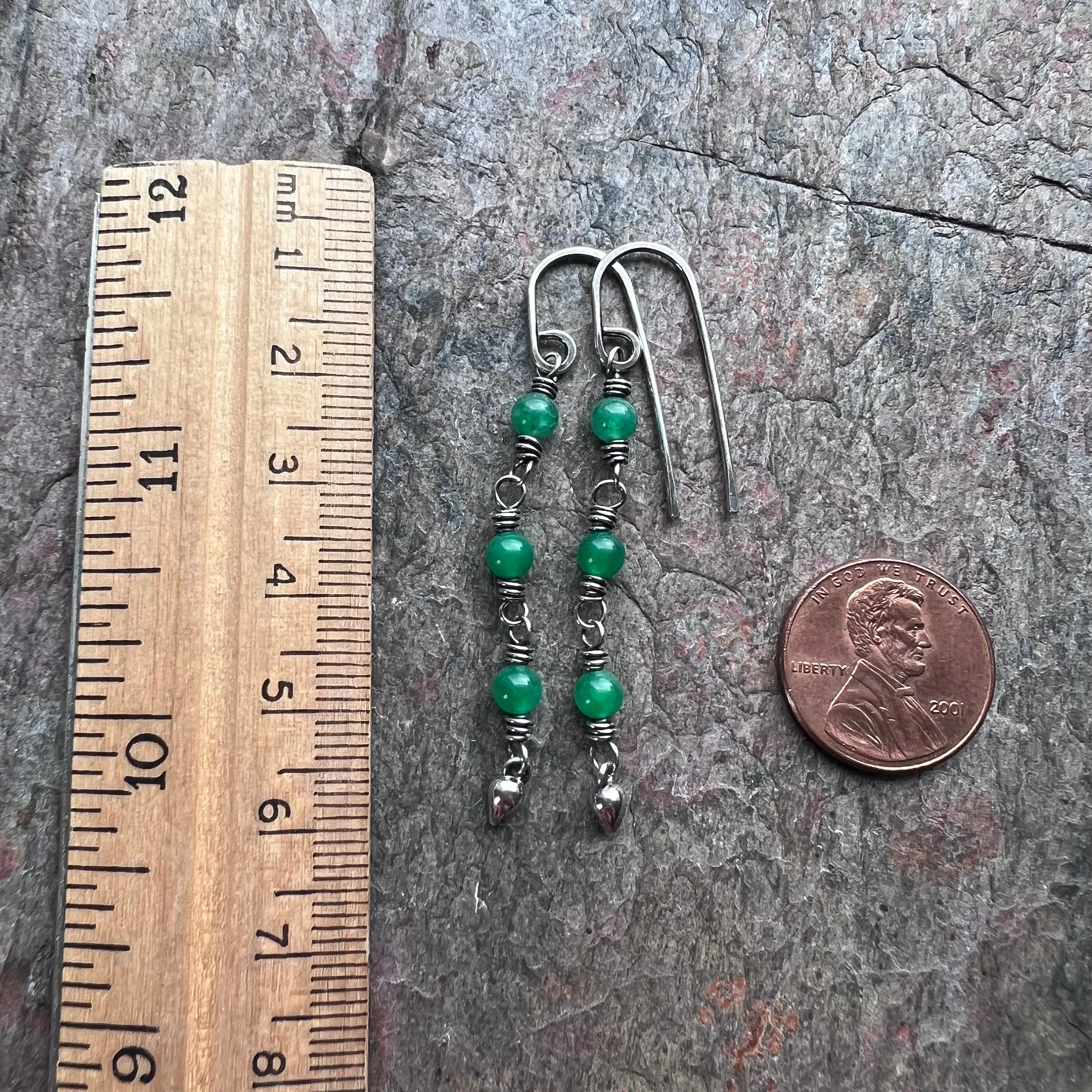 Sterling Silver Jade Earrings - Wire-wrapped Emerald Green Jade Earrings on Handmade Sterling Silver Earwires