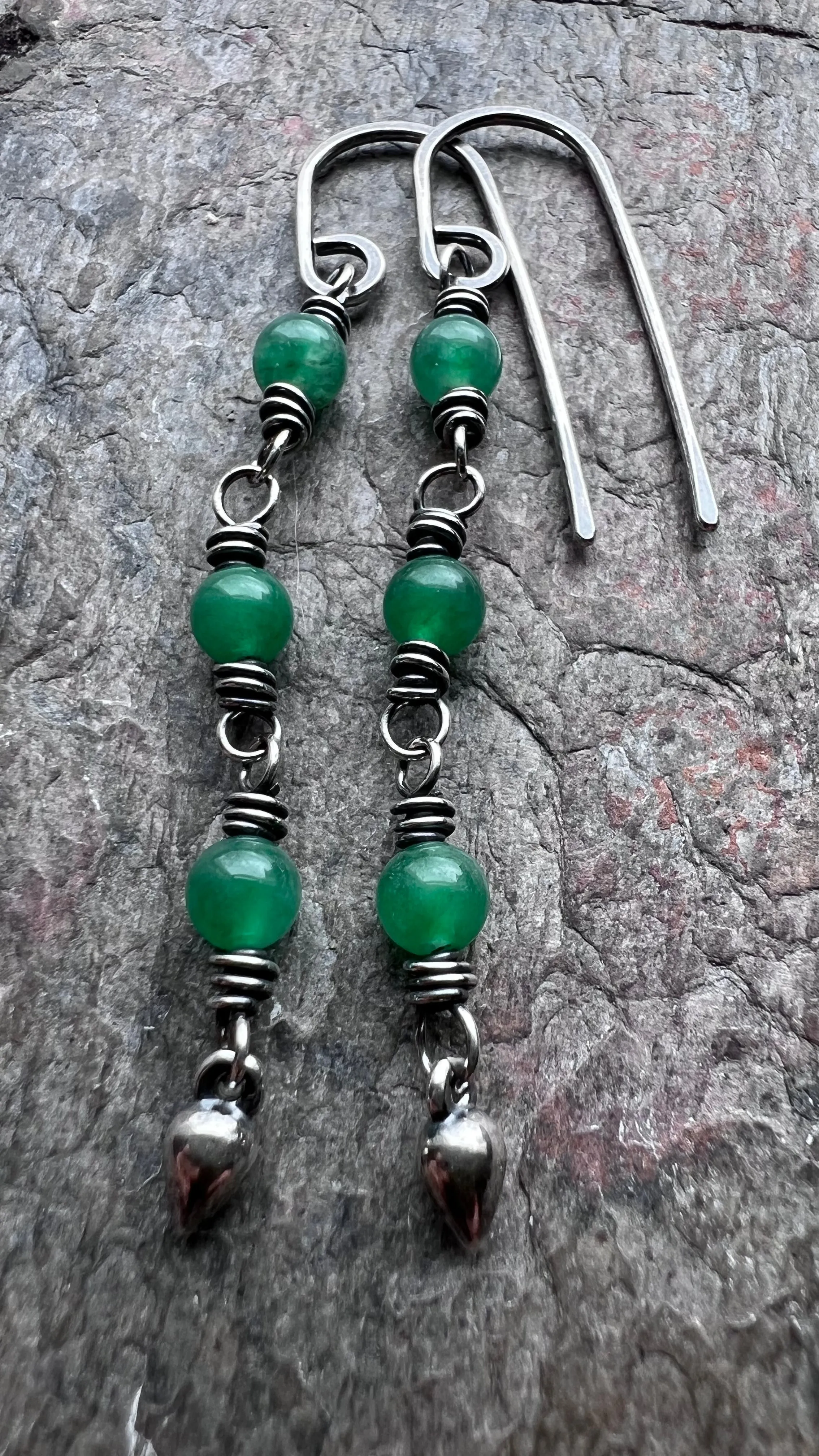 Sterling Silver Jade Earrings - Wire-wrapped Emerald Green Jade Earrings on Handmade Sterling Silver Earwires