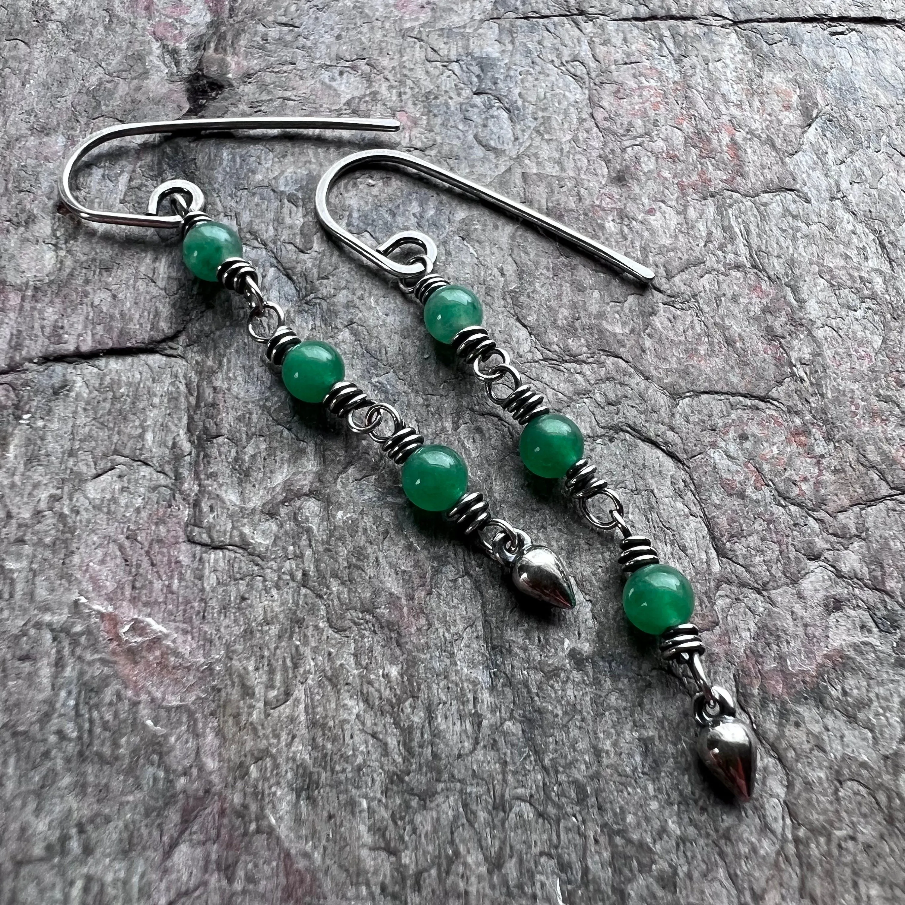 Sterling Silver Jade Earrings - Wire-wrapped Emerald Green Jade Earrings on Handmade Sterling Silver Earwires