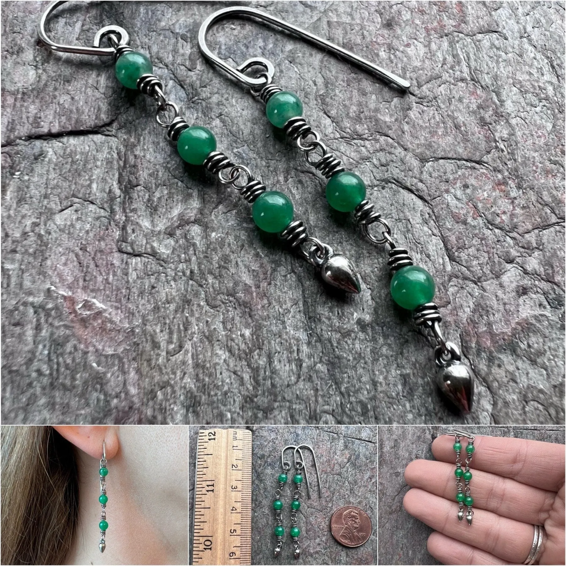 Sterling Silver Jade Earrings - Wire-wrapped Emerald Green Jade Earrings on Handmade Sterling Silver Earwires